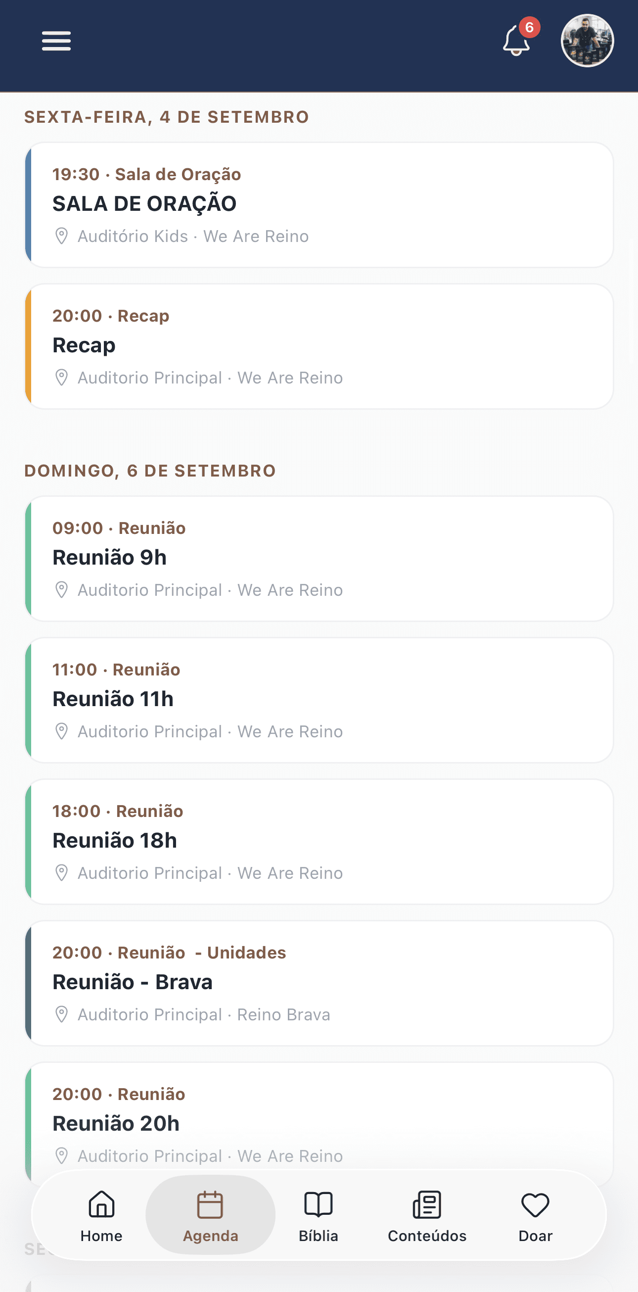 Aplicativo da igreja: Agenda