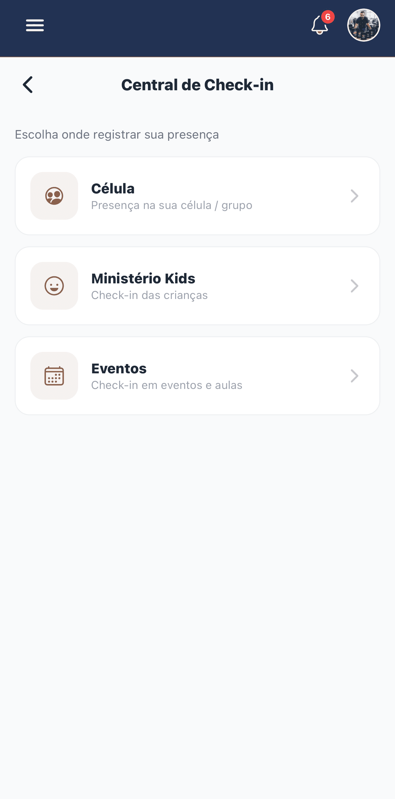 Aplicativo da igreja: Check-in