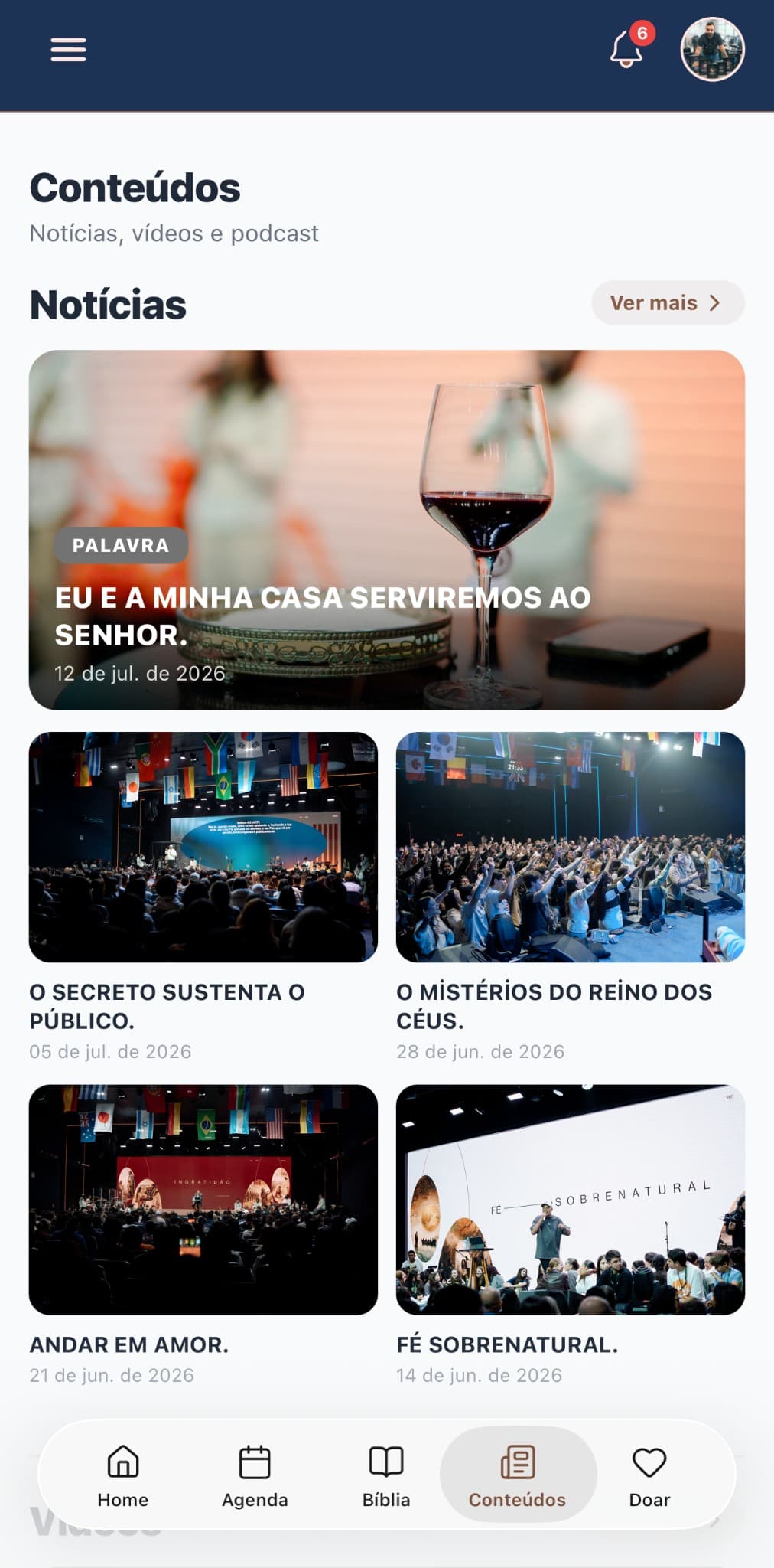 Aplicativo da igreja: Conteúdos